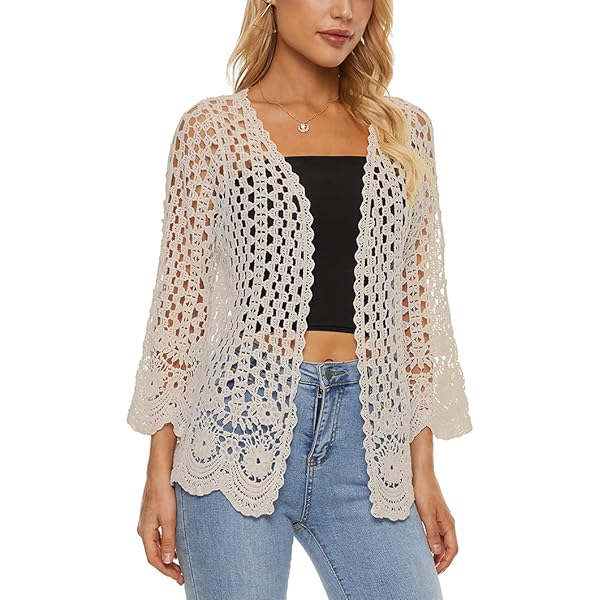 WESURE Crochet Cardigan for Women 3/4 Sleeve Open Front